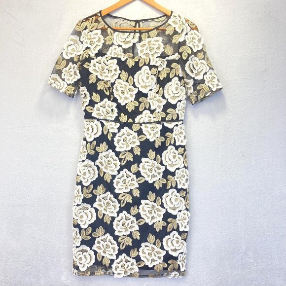 Adrianna Papell Floral Embroidered Sheath Dress Womens 6 Black Gold Formal EUC - Picture 1 of 16